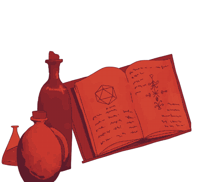 a grimoire next to two bottles
