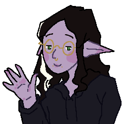 self portrait of the artist as a dark elf with long black hair and glasses, raising a hand as a greeting